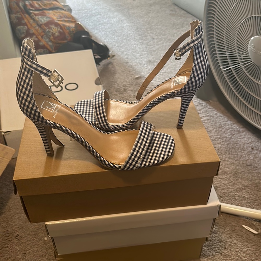 Blue and white plaid sandals